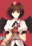  1girl \||/ bag bird_wings black_hair black_wings brown_gloves cibo_(killy) collared_shirt feathered_wings flower gloves hat holding holding_flower looking_at_viewer newspaper puffy_short_sleeves puffy_sleeves red_background red_eyes shameimaru_aya shirt short_hair short_sleeves shoulder_bag simple_background solo tokin_hat touhou upper_body white_shirt wings 