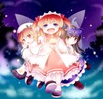  3girls blonde_hair blue_eyes bow brown_eyes brown_hair drill_hair fairy_wings fang hair_bow hat hat_bow headdress highres luna_child multiple_girls night open_mouth paji red_eyes sash star_sapphire sunny_milk touhou wings 