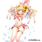  1girl :d akira_(natsumemo) armlet armpits arms_up ball beachball bikini blonde_hair blush bracer breasts cleavage flower hair_flower hair_ornament large_breasts looking_at_viewer navel open_mouth simple_background smile solo swimsuit thigh_strap twintails under_boob water white_background yellow_eyes 