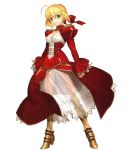  1girl armored_boots blonde_hair breasts cleavage dress fate/extra fate_(series) green_eyes highres nero_claudius_(fate)_(all) official_art red_dress red_ribbon ribbon saber_extra see-through solo transparent_background 