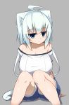  1girl ahoge animal_ears bare_shoulders blush breasts cat_ears cat_tail expressionless felt_whitesnow flat_gaze frown highres jitome large_breasts looking_at_viewer off-shoulder_shirt off_shoulder original sawati shirt short_hair_with_long_locks shorts sitting solo tail white_hair 