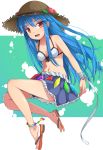  1girl adapted_costume bikini blue_hair food fruit hat highres hinanawi_tenshi long_hair peach red_eyes solo swimsuit touhou uumaru1869 