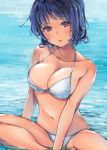  1girl bikini blue_eyes blue_hair blush breasts cleavage collarbone in_water large_breasts looking_at_viewer megumoke navel open_mouth original revision short_hair sitting solo swimsuit water wet white_bikini white_swimsuit 
