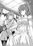  2girls :/ alternate_hairstyle bare_shoulders breasts bridal_gauntlets crescent_hair_ornament demon_wings evening_gown greyscale hair_ornament head_wings heart highres koakuma monochrome multiple_girls open_mouth pantyhose patchouli_knowledge puffy_sleeves ryuuno_stadtfeld skirt skirt_lift smile spoken_heart touhou wings 