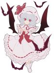  1girl animal ascot bat bat_wings blue_hair boots capelet curiosities_of_lotus_asia dress fang flat_color frills full_body hat hat_ribbon highres kaine_(kaine1025) long_sleeves looking_at_viewer red_eyes remilia_scarlet ribbon short_hair simple_background smile solo touhou white_background wings 