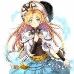  1girl ahoge ari0w0 blonde_hair blue_eyes brooch company_name copyright_name hat_feather jewelry looking_at_viewer navel official_art original see-through solo tenkuu_no_kurafuto_furito 