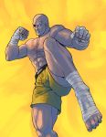 1boy abs ankle_wraps azuma_(ichimako) bald clenched_hands cowboy_shot eyepatch fighting_stance handwraps male_focus muscle no_pupils sagat scar shirtless shorts solo standing_on_one_leg street_fighter 