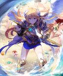  1girl angel_wings armor bangs beach blonde_hair breasts comet_(teamon) company_name drawing_sword gauntlets long_hair looking_at_viewer official_art outdoors pauldrons sand seashell sheath shell shingeki_no_bahamut solo_focus starfish sword thigh-highs water weapon wings 