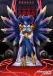  1girl blue_skin breasts butter-t claws cleavage crossed_legs feathered_wings gem hair_ornament hair_over_one_eye hands_on_own_knees head_tilt jewelry monster_girl pants pauldrons robe short_hair sitting smile solo throne twintails warhammer_40k wide_sleeves wings yellow_eyes 