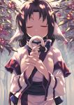  1girl black_hair closed_eyes eruruw flower forest kano_hito long_hair nature smile solo traditional_clothes utawareru_mono 