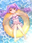  1girl bare_legs bikini breasts cleavage collarbone frilled_bikini frills from_above hair_ornament highres innertube long_hair partially_submerged pikomarie purple_hair puzzle_&amp;_dragons red_eyes solo swimsuit twintails water yomi_(p&amp;d) 