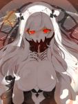  1girl breasts cleavage commentary_request covered_mouth dress eyelashes glowing glowing_eyes hands_on_own_chest horns kantai_collection large_breasts long_hair looking_at_viewer midway_hime pale_skin red_eyes shadow shinkaisei-kan solo upper_body uwipi white_dress white_hair white_skin 