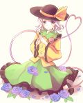  1girl blue_rose bow flower green_eyes hat hat_bow heart heart_of_string highres kashiwagi_chisame komeiji_koishi rose sash sitting solo third_eye touhou white_hair wide_sleeves yokozuwari 