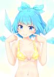  1girl absurdres bikini bikini_top blue_eyes blue_hair blush cirno gradient gradient_background grin hair_ornament hair_ribbon highres ice ice_wings looking_at_viewer midriff nanabe navel polka_dot polka_dot_bikini polka_dot_swimsuit ribbon short_hair smile solo swimsuit touhou upper_body wings 