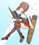  1girl bow_(weapon) breasts brown_eyes brown_hair crossbow flight_deck grey_legwear headband kantai_collection kishimen looking_at_viewer machinery open_mouth short_hair sideboob skirt small_breasts smile solo taihou_(kantai_collection) thigh-highs weapon 