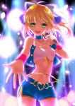  03oni5a5ino30 1girl :d ahoge blonde_hair bow fate/apocrypha fate_(series) green_eyes hair_bow idol microphone midriff navel open_mouth ponytail saber_of_red shorts smile solo 