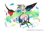  1girl 2015 animal bare_shoulders barefoot bird blue_gloves braid breasts dress elbow_gloves flower gloves green_hair grin head_wreath large_breasts leaf long_hair mugen_knights musical_note nagisa_kurousagi petals red_eyes simple_background smile solo square_enix staff_(music) swallow thumbelina_(mugen_knights) white_background white_dress 