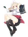  1girl arms_up bag black_legwear blonde_hair blush bow brown_eyes character_request clothes_around_waist hair_ornament hairclip kojiki-life loafers looking_at_viewer school_bag shoes short_hair short_sleeves simple_background skirt solo sweater_around_waist white_background 