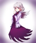  1girl artist_request bowtie dress hand_in_front_of_face kishin_sagume legacy_of_lunatic_kingdom purple_dress single_wing solo touhou violet_eyes white_hair wings 
