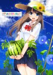  1girl blue_eyes bow brown_hair clouds collared_shirt cover cover_page doujin_cover flower food fruit hat hat_flower holding holding_fruit long_hair melon morning_glory original school_uniform shirt skirt solo sun_hat sunflower unasaka_ryou white_shirt wristband 