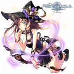  1girl ari0w0 ass bangle bare_shoulders black_shoes blue_eyes bow bracelet breasts brown_hair cleavage company_name copyright_name hat hat_bow jewelry leaning_forward midriff official_art original shoes solo staff tenkuu_no_kurafuto_furito witch_hat 