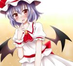  1girl :d bat_wings dress finger_to_mouth hachimi hat mob_cap open_mouth puffy_short_sleeves puffy_sleeves purple_hair red_eyes remilia_scarlet short_hair short_sleeves smile touhou wings 