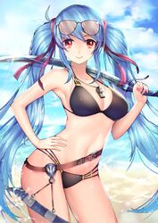  1girl absurdres belt bikini black_bikini blue_hair breasts cleavage highres luthica_preventer red_eyes sheath smile string_bikini sunglasses sunglasses_on_head swimsuit sword sword_girls twintails weapon whistle 