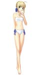  1girl ahoge bikini blonde_hair fate/stay_night fate_(series) green_eyes highres looking_at_viewer navel official_art saber smile solo swimsuit transparent_background white_bikini white_swimsuit 