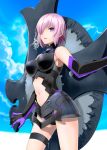  1girl armor clouds elbow_gloves fate/grand_order fate_(series) gloves hair_over_one_eye midriff navel parted_lips purple_hair shield shielder_(fate/grand_order) shirotsumekusa short_hair solo violet_eyes 
