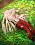  1girl cacao_devil flower fujiwara_no_mokou grass hair_ribbon hand_on_own_face long_hair looking_at_viewer orange_flower outstretched_hand pants red_eyes ribbon touhou white_flower white_hair 