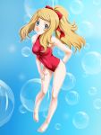  1girl blonde_hair blue_eyes highres long_hair one-piece_swimsuit pokemon pokemon_(game) pokemon_xy ponytail serena_(pokemon) swimsuit tamamon 