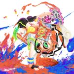  1girl ass bike_shorts green_eyes grin handstand headphones inkling long_hair looking_at_viewer orange_hair paint simple_background smile solo splatoon tentacle_hair white_background wristband xxzero 