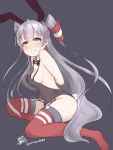  1girl adapted_costume alternate_costume amatsukaze_(kantai_collection) arms_behind_back ayakabu bare_shoulders blush breasts brown_eyes bunnysuit embarrassed full_body garter_straps grey_background hair_tubes highres kantai_collection long_hair looking_at_viewer looking_to_the_side sideboob silver_hair simple_background solo thigh-highs twitter_username two_side_up very_long_hair 