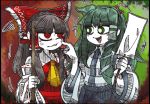  2girls anger_vein angry ascot black_hair border detached_sleeves frog_hair_ornament gohei gradient gradient_background green_eyes green_hair hair_ornament hair_ribbon hair_tubes hakurei_reimu japanese_clothes kochiya_sanae long_hair long_sleeves looking_at_another miko multiple_girls open_mouth red_eyes ribbon shirt skirt smile snake_hair_ornament suenari_(peace) touhou 