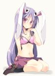  1girl animal_ears black_legwear blush bra full_body lavender_hair long_hair looking_at_viewer midriff navel open_clothes open_skirt panties pink_eyes rabbit_ears reisen_udongein_inaba satou_kibi shoes simple_background sitting skirt socks solo sweatdrop touhou underwear white_background 