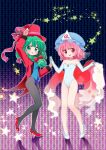  2girls alternate_costume black_legwear bow green_eyes green_hair hair_bow hat kagiyama_hina leotard magician mob_cap multiple_girls pantyhose pink_eyes pink_hair saigyouji_yuyuko shawl star tona_(nekotte) touhou triangular_headpiece wand 