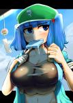  blonde_hair blue_eyes blue_sky blush breasts clouds cloudy_sky collarbone dripping fangs hair_bobbles hair_ornament hat highres jacket kawashiro_nitori large_breasts midriff navel short_hair short_sleeves skindentation sky tank_top touhou twintails two_side_up upper_body webbed_hands wind_chime 