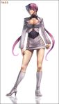  1girl boots breasts cleavage cleavage_cutout dark_skin earrings eirashard full_body hair_over_eyes high_heel_boots high_heels jewelry king_of_fighters knee_boots large_breasts leotard lips long_hair miniskirt nose orochi_shermie purple_hair shermie skirt solo split_ponytail standing 