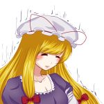  1girl anger_vein angry aura blonde_hair blush breasts cleavage closed_eyes collarbone crossed_arms dress elbow_gloves gloves hat hat_ribbon ker long_hair mob_cap neck purple_dress ribbon short_sleeves simple_background smile solo touhou very_long_hair white_background white_gloves yakumo_yukari 
