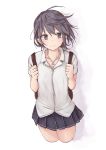  1girl 31_pacers absurdres ahoge backpack bag black_eyes black_hair collared_shirt heart heart_necklace highres holding_strap jewelry necklace no_legs original school_uniform shirt short_hair skirt smile solo white_shirt 
