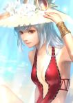 1girl breasts clock flower grey_hair hat hat_flower long_hair lotus_(elico) no_glasses puzzle_&amp;_dragons realistic red_eyes red_swimsuit smile solo sun_hat swimsuit urd_(p&amp;d) 