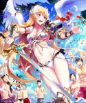  1girl 6+boys angel_wings armor bangs bikini bird blonde_hair blue_sky breasts clouds comet_(teamon) company_name flower long_hair multiple_boys navel official_art open_mouth outdoors palm_tree seagull shingeki_no_bahamut shirtless short_hair sky solo_focus swimsuit sword thigh-highs tree wading water weapon wings 