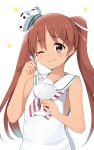  1girl :t bare_arms brown_eyes brown_hair closed_mouth eating hair_ribbon kantai_collection libeccio_(kantai_collection) long_hair one_eye_closed ribbon sailor_collar sailor_dress solo sparkle spoon sui_(tsuruhibiki) twintails 