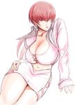  1girl breasts cleavage cropped_jacket hair_over_eyes invisible_chair king_of_fighters large_breasts lips long_hair midriff navel reclining redhead shermie shopyun solo 