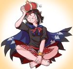  1girl alternate_color barefoot black_hair bracelet cape commentary crown directional_arrow dress english grin horns indian_style jewelry kijin_seija mefomefo red_eyes short_hair sitting smile touhou 