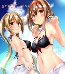  2girls adapted_costume bikini brown_hair hairband kantai_collection long_hair mokufuu multiple_girls murasame_(kantai_collection) shiratsuyu_(kantai_collection) short_hair smile swimsuit twintails 