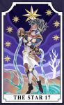  boots border dated fingerless_gloves gloves headband highres jar jojo_no_kimyou_na_bouken loincloth no_humans raiphen scarf signature spilling stand_(jojo) star star_platinum tarot the_star tree water 