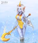  1girl anshu_(o9jucea) armlet bare_shoulders breasts character_name highres horn large_breasts league_of_legends long_hair pointy_ears purple_skin solo soraka splashing staff swimsuit tattoo water_drop white_hair yellow_eyes 