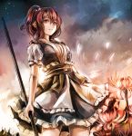  1girl breasts cleavage clouds cloudy_sky cowboy_shot expressionless flower hair_bobbles hair_ornament jan_(artist) large_breasts night night_sky onozuka_komachi outdoors puffy_short_sleeves puffy_sleeves red_eyes redhead scythe short_hair short_sleeves sketch sky solo spider_lily star_(sky) touhou twintails 