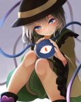  1girl blue_eyes blurry boots crying crying_with_eyes_open eyeball gradient gradient_background hat hat_ribbon komeiji_koishi long_sleeves looking_down nemunemu_(bluelight5) ribbon shirt short_hair silver_hair sitting skirt solo string tears third_eye touhou wide_sleeves 